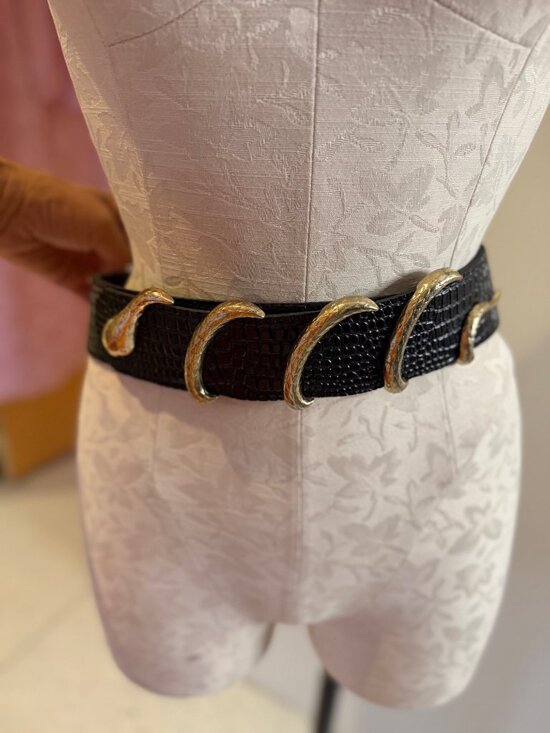 Vintage Style Wide Waist Gold Snake Belt Croc Embossed Leather Black Medium main image 6